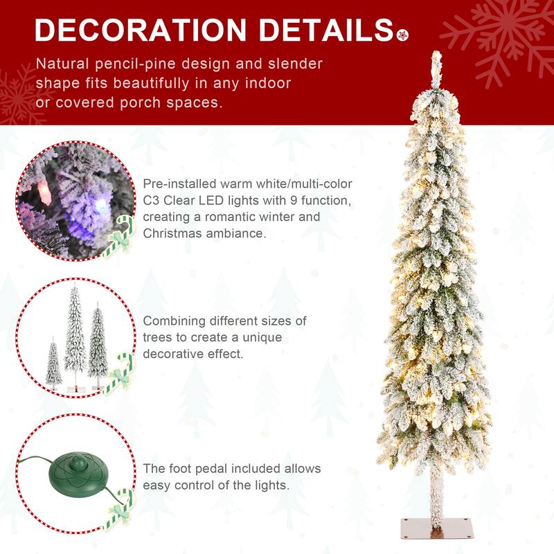 Glitzhome 4.5ft/6ft/7.5ft Pre-Lit Flocked Artificial Snowy Downswept Christmas Tree with Foot Pedal Control LED Lights