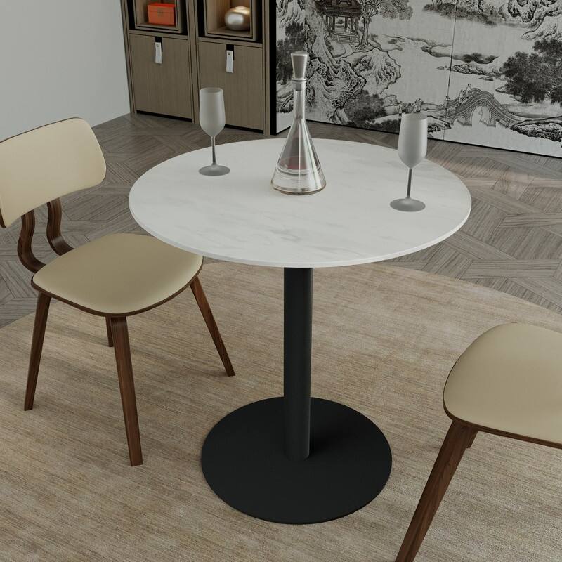 Vail Round Dining Table 27 in. Sintered Stone Tabletop in Black Stainless Steel Round Pedestal Base for Kitchen and Dining Room