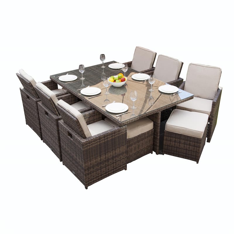 Abrihome 11-piece Patio Wicker Dining Set with Cushions and Ottoman