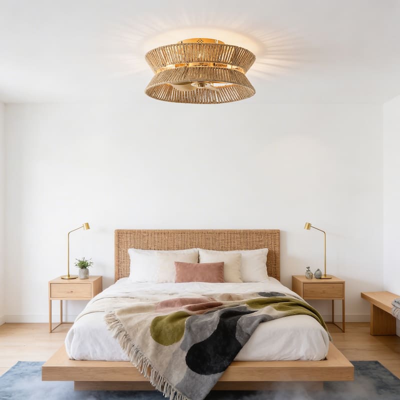 18-inch Boho Distressed Gold Chandelier Ceiling Fan with Remote and Hand Hemp Rope Shade - 17.7" W x 8.19" H