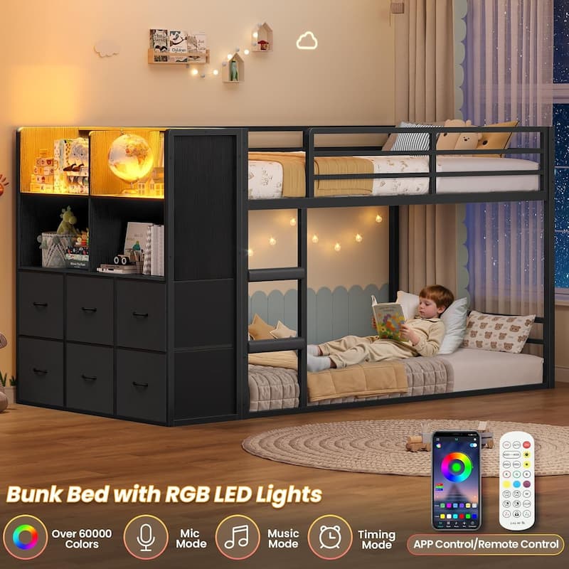 Twin Size Low Loft Bed 6 Fabric Storage Drawers LED Lights Twin Over Twin Bunk Bed