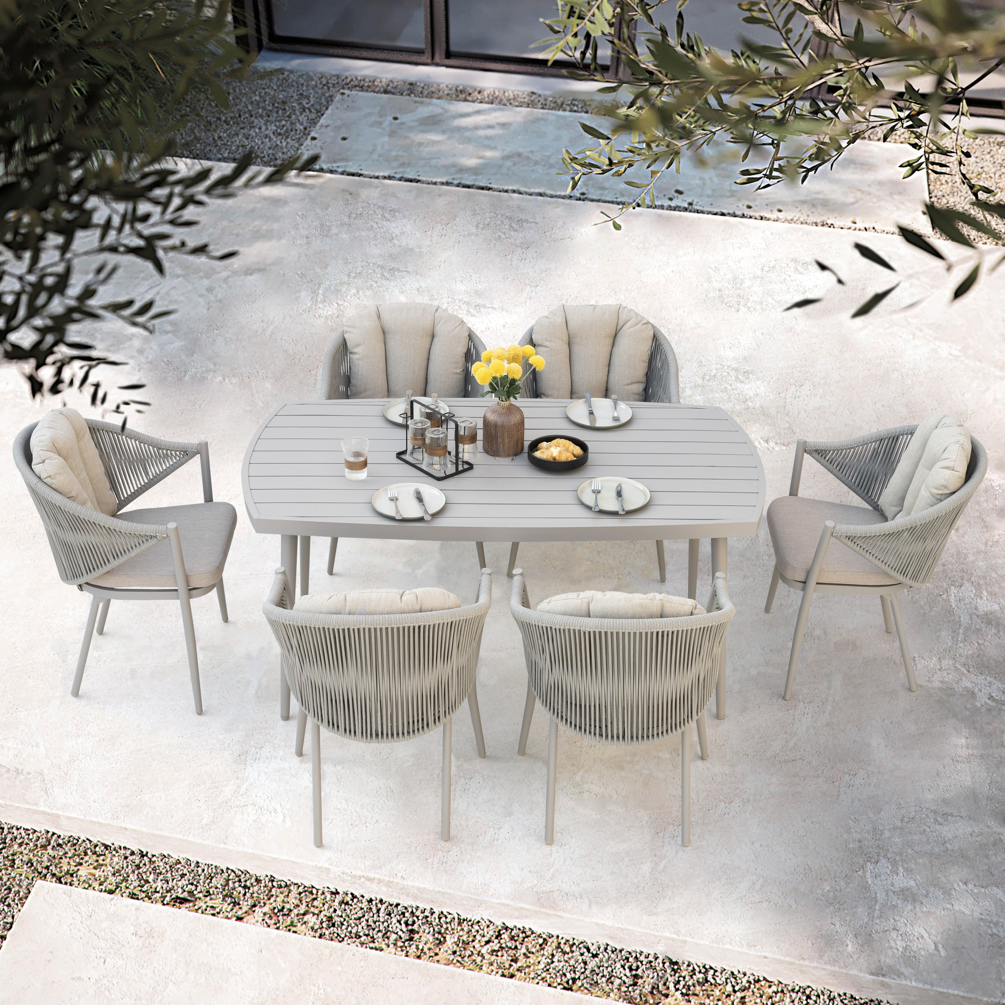 Nuu Garden Patio 7-Piece Dining Set with Cushions and Pillows, Umbrella Hole