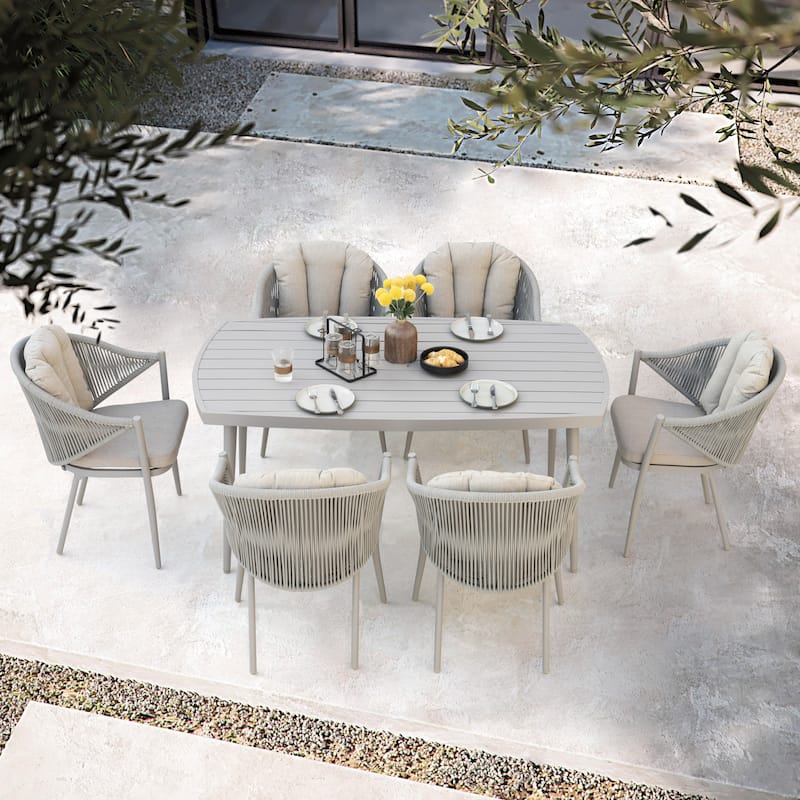 Patio 7-Piece Dining Set with Cushions and Pillows, Umbrella Hole, Beige