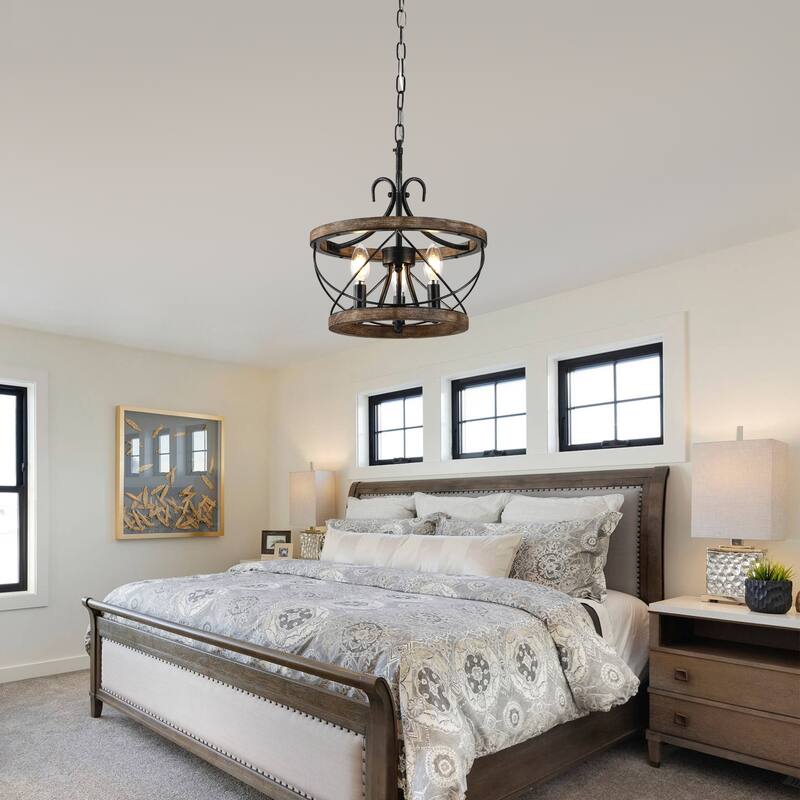 Oaks Aura 5-Light Farmhouse Wood Chandelier, Drum Chandelier for Dining Room Height Adjustable