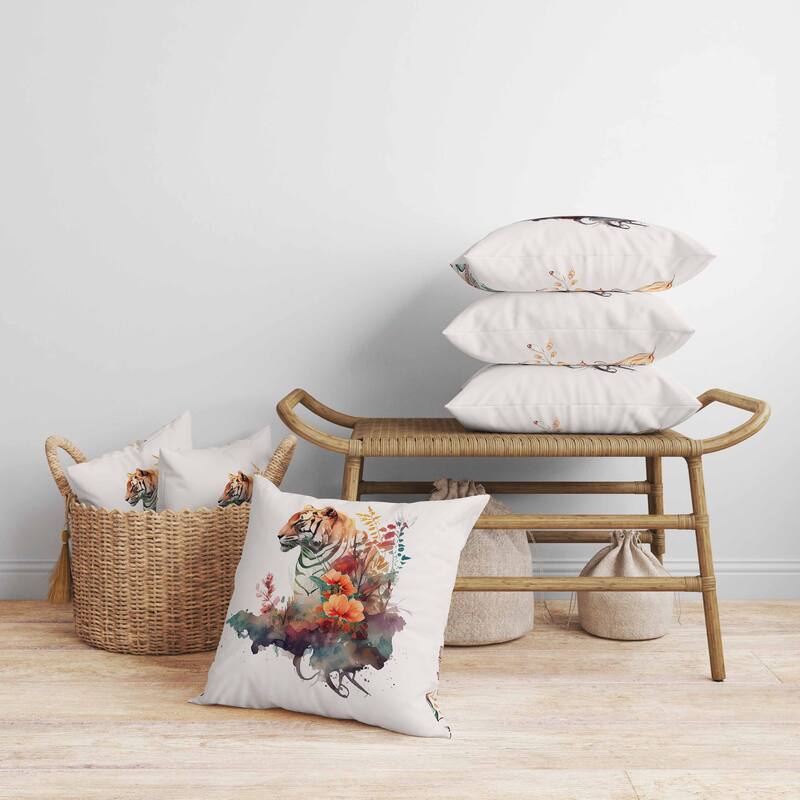 Tropical Tiger Trails Faux Suede Reversible Throw Pillow Ivory and Wintergreen