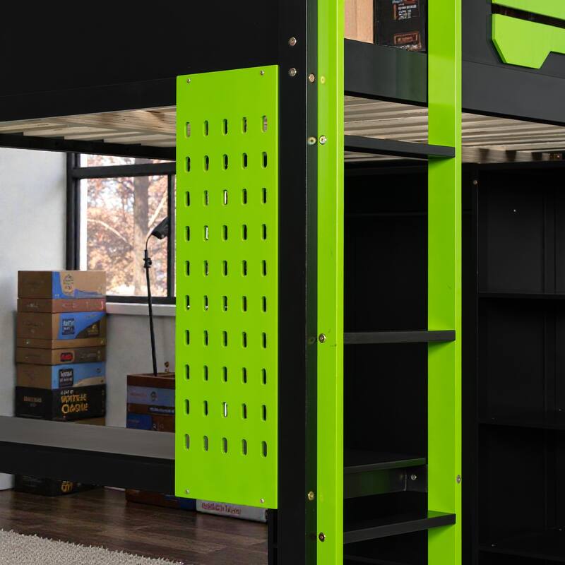 Full Size Wood Loft Bed with Desk, Open Wardrobe and Shelves, RGB LED Light, USB Ports and Power Outlets