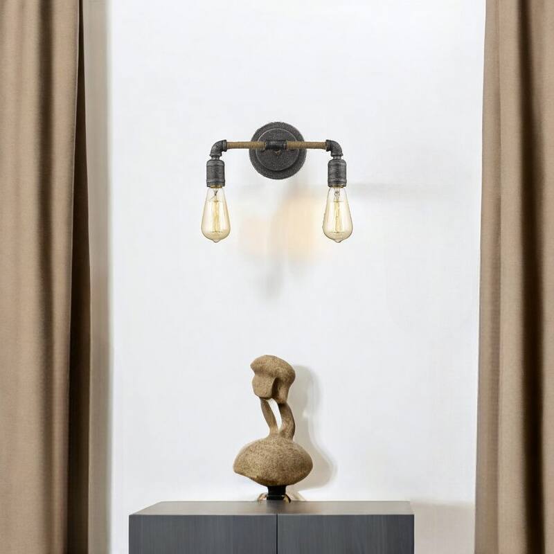 Modern Hardwired Wall Light with Rope and Pipe Accents 2-Light Grey Steel Fixture for Bathroom - 6.25" H x 12.25" W x 5" D