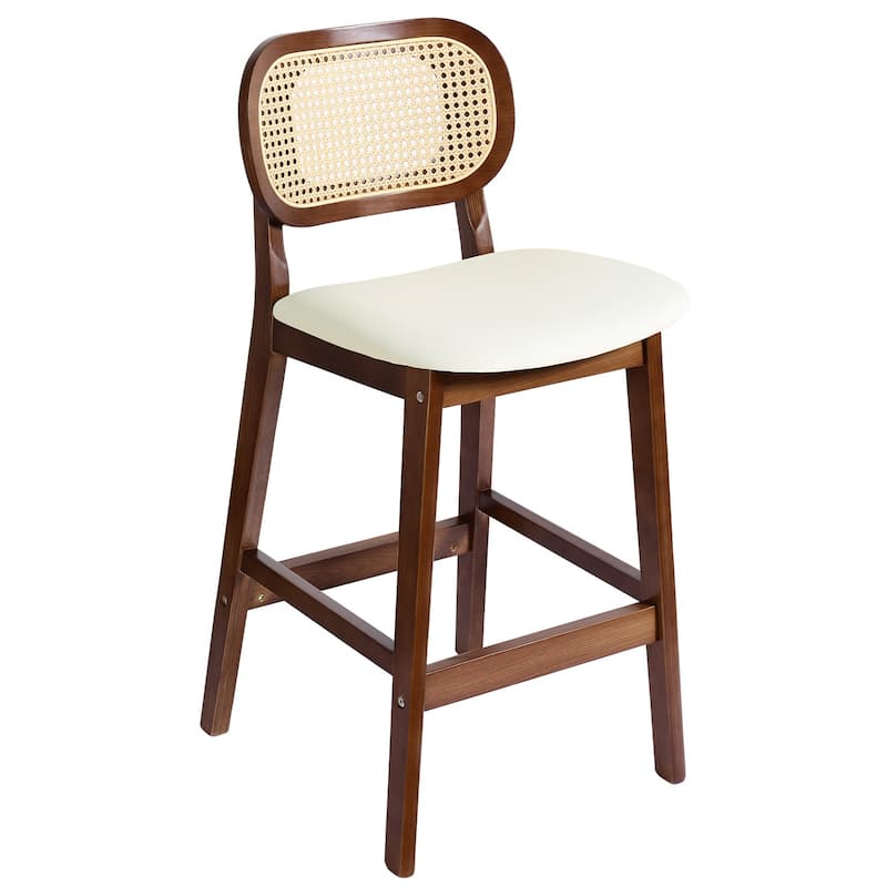 Wood Upholstered Counter Height Bar Stools with Rattan Back - 36.81"H x 17.72"W x 18.7"D - Single - White Faux Leather/ Brown Frame