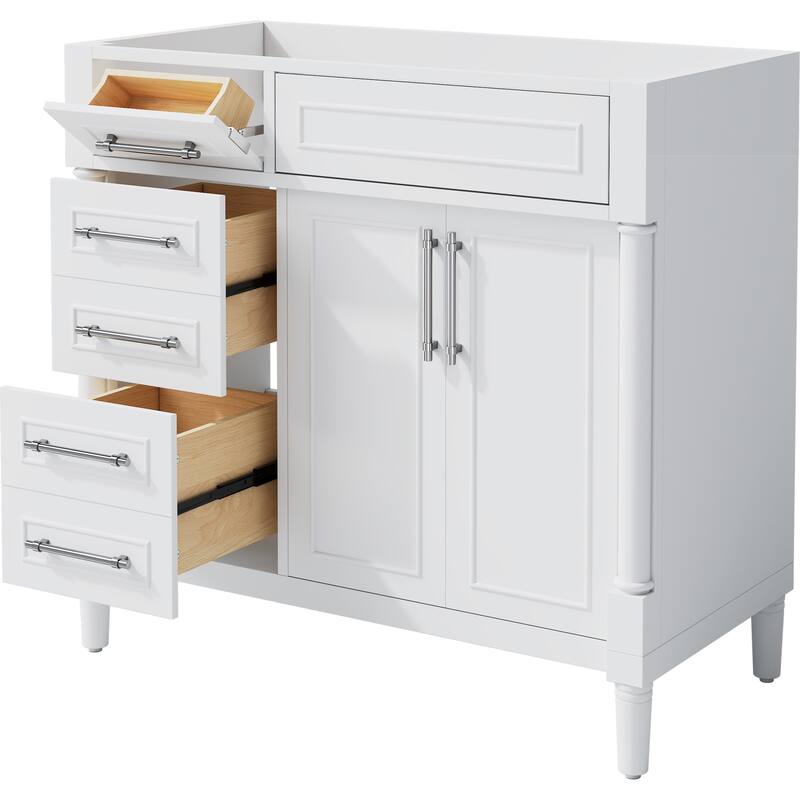 Roomfitters 36" Vanity Cabinet Without Sink, Solid Wood Storage Unit with 2 Drawers, Tip-out Tray and Adjustable Shelf, White