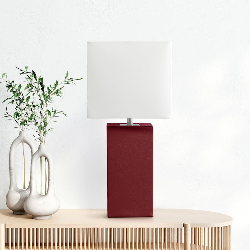 Leather Table Lamp with White Fabric Shade