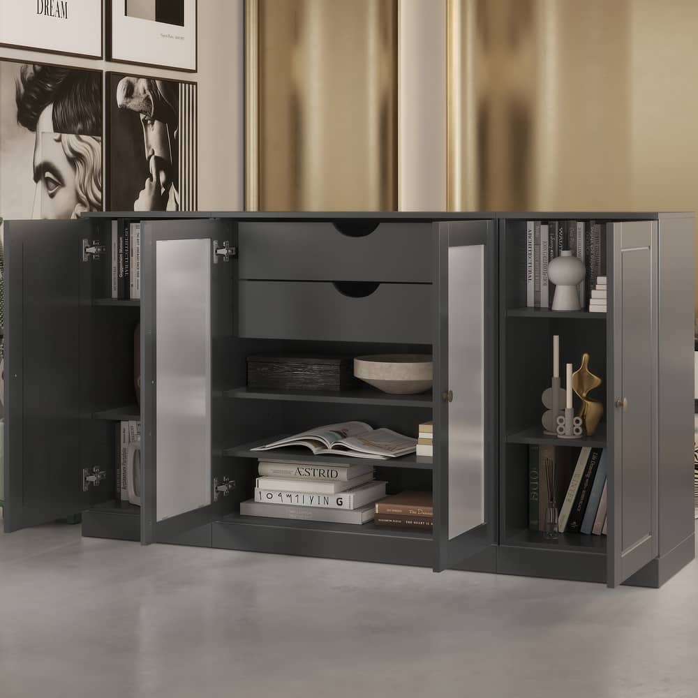 Palace Imports 100% Solid Wood 65" Sideboard with Solid, Frosted Glass Doors, 2-Drawers and Adjustable Shelves