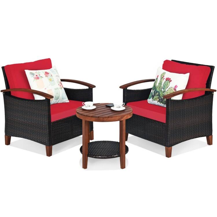 3-Piece Patio Rattan Furniture Set with Solid Wood Frame