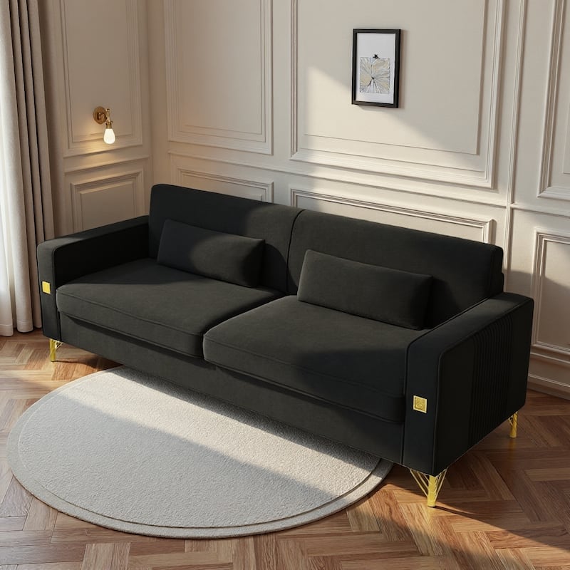 Roomfitters Mid-Century Modern Upholstered Sofa with Gold Metal Legs and Square Arms, Elegant Couch for Living Room