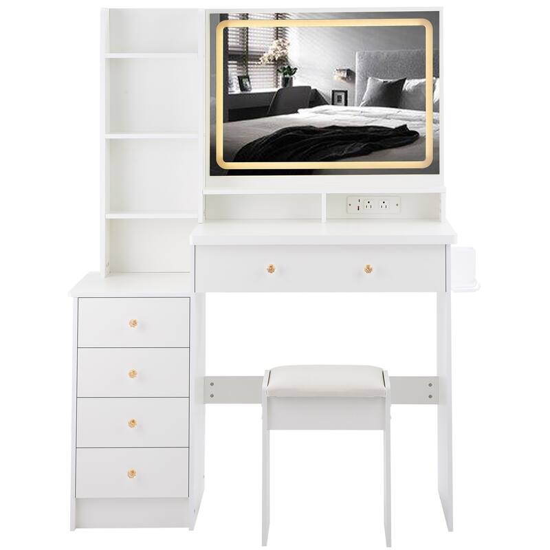 Vanity Desk with Touch Control LED Mirror, Makeup Table with Hair Dryer Stand, Vanity Table Set with Cushioned Stool