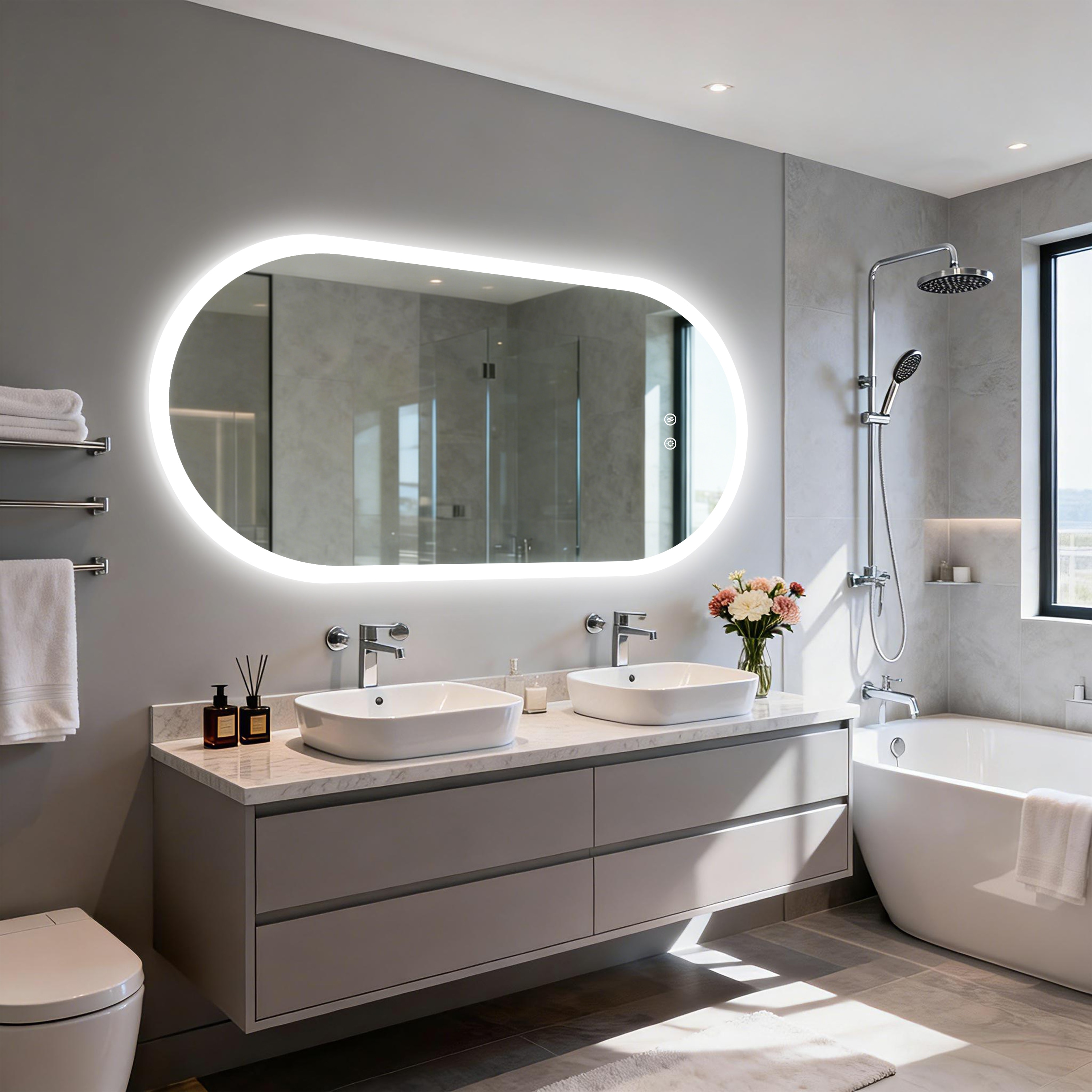 LED Backlit Bathroom Mirror with 3-Color Dimming Anti-Fog High CRI 95+, Modern Oval Wall Mount for Makeup Shave