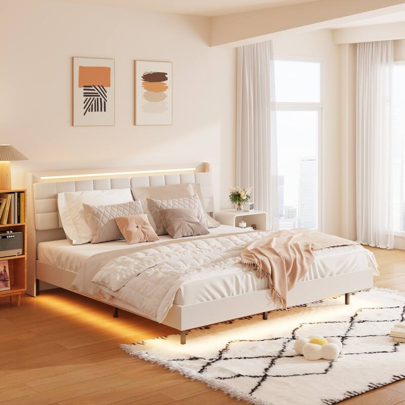 Floating King Bed Frame with LED Lights, USB Charging, and Hidden Storage, No Box Spring Needed, Beige - Beige