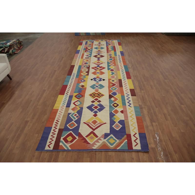 Hand Woven Oriental 100% Wool Carpet Southwestern Tribal Multi-Colored Kilim Runner Rug - 18' 0'' X 5' 3''