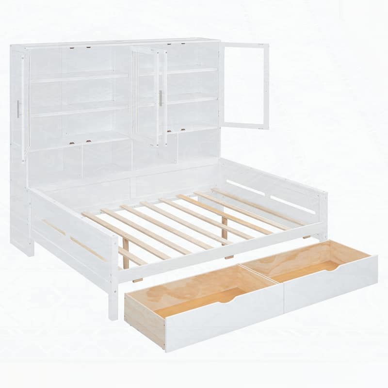 Wooden Daybed with Glass-Door Storage Cabinets and Built-in LED Lighting