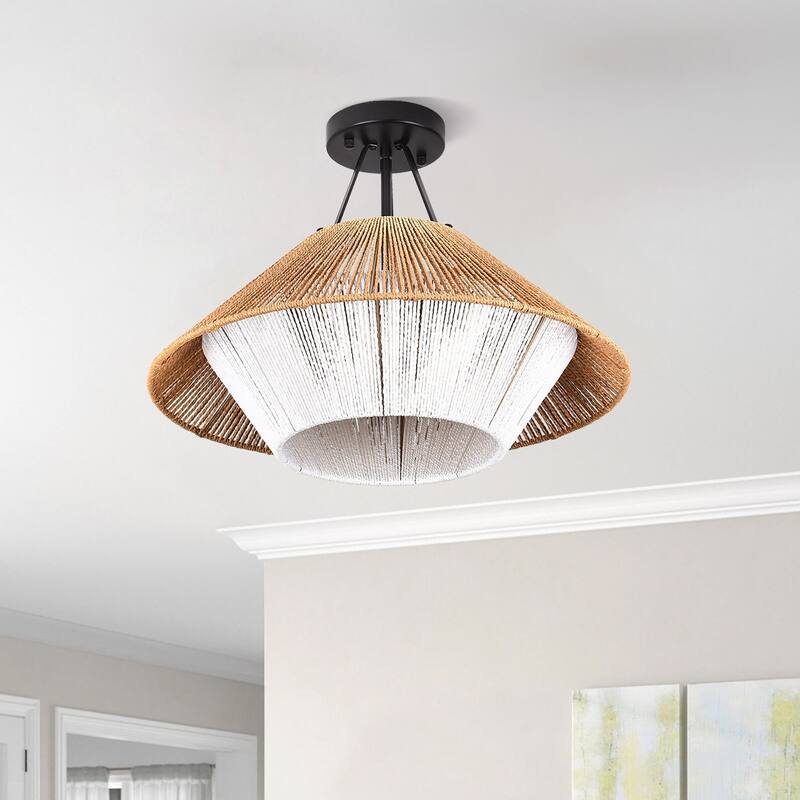 3-Light Natural Rattan Semi Flush Mount Light - Natural