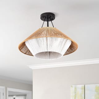 3-Light Natural Rattan Semi Flush Mount Light