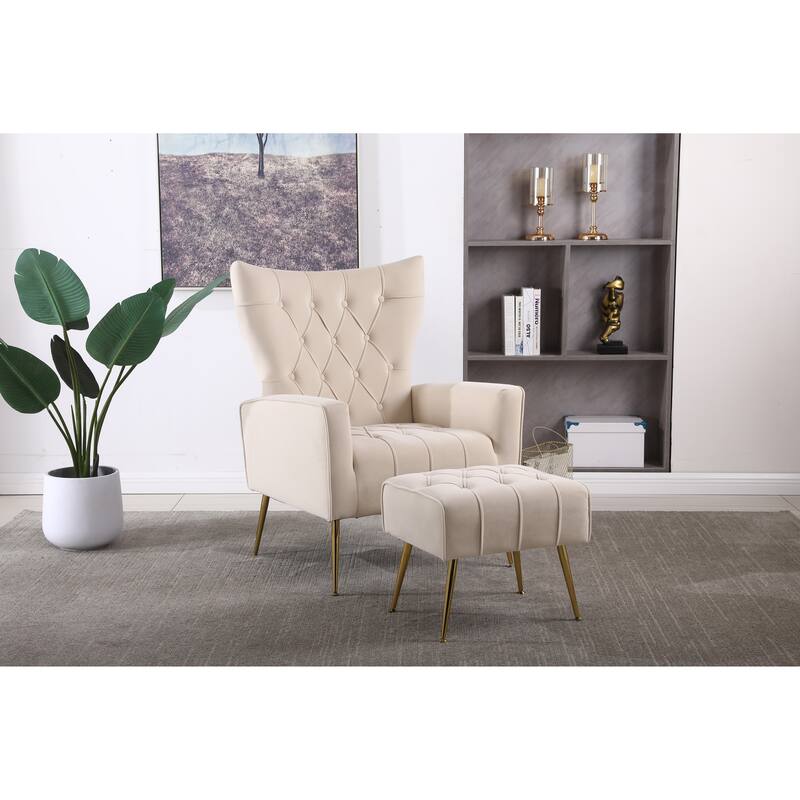Upholstered Accent Chair with Ottoman, Single Armchair Lounge Chair for Living Room - Beige