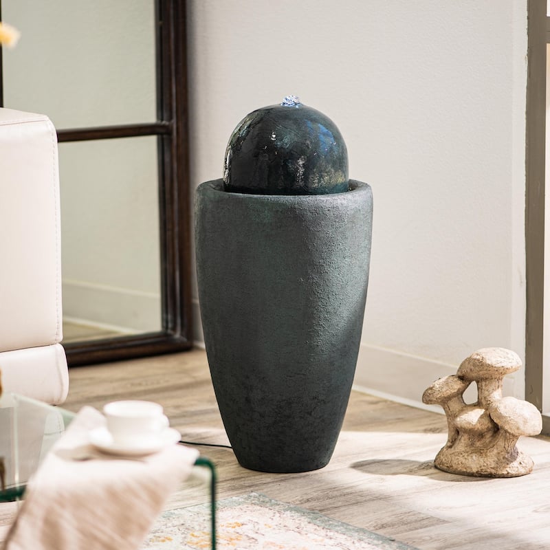 XBrand 25.98"H Modern Round Stone Textured Sphere Water Fountain w/LED Lights, For Indoor/Outdoor, Ball Water Fountain