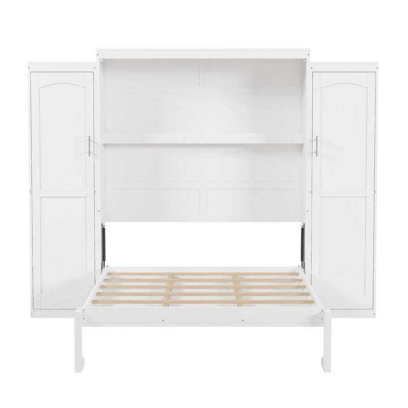 Wooden Murphy Bed Wall Bed with 2 Bulit-in Wardrobes, Full/Queen Size Foldable Murphy Cabinet Bed with Storage Shelves