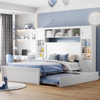 Full Size Wooden Bed With All-in-One Cabinet, Shelf and Sockets,Twin Size Trundle, White