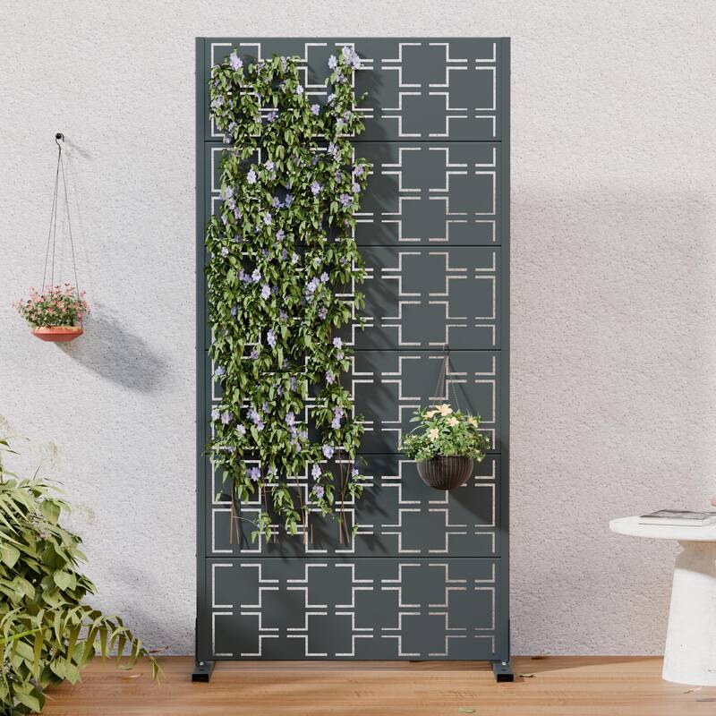 Modern Metal Privacy Screen Outdoor Decorative Partition with Stable Base Hanging Plant-Friendly Panel - 60"H x 30"W - Cambrian Gray