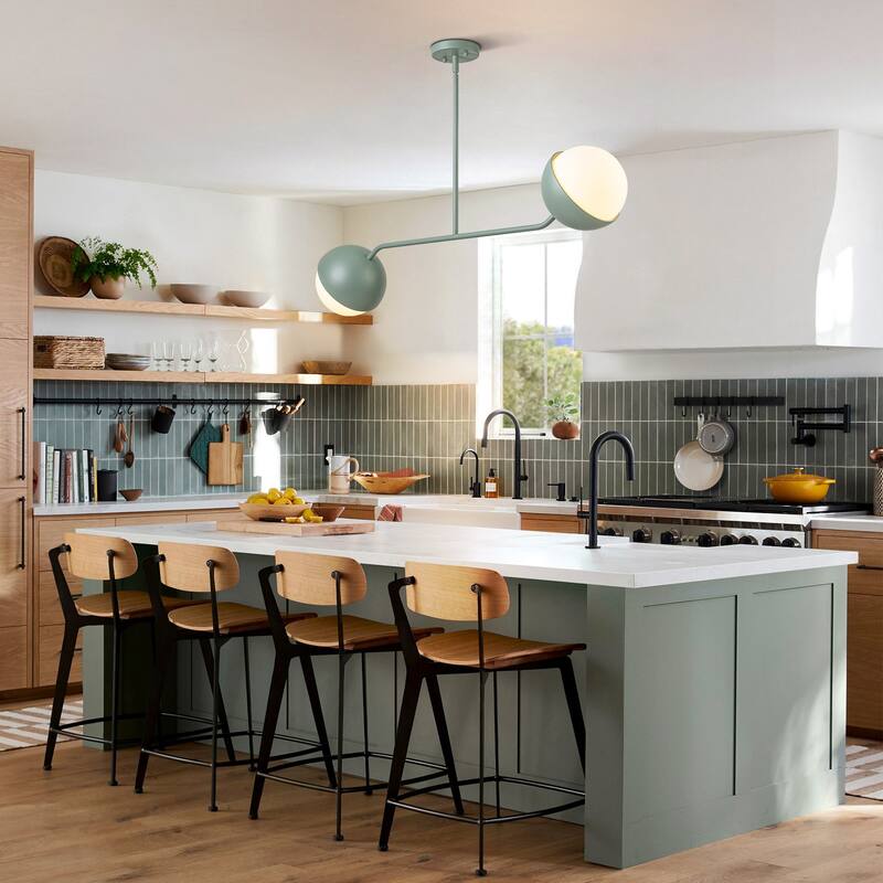 39" W Modern Asymmetric Green Pendant for Kitchen Island with Milk Glass Globe Shade - 38.6 in. W x 13.4 in. H x 7.5 in. D