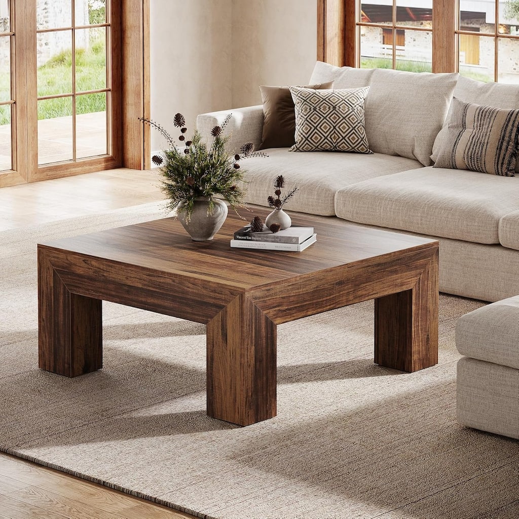 Farmhouse Square Coffee Table for Living Room, 39.37-Inch Low Large Center Tea Accent Table