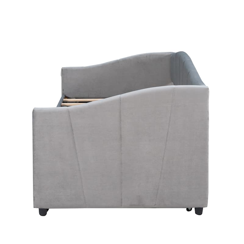 Grey Velvet Upholstered Twin Size Daybed Sofa Bed with Twin Size Trundle, Wood Slat Support