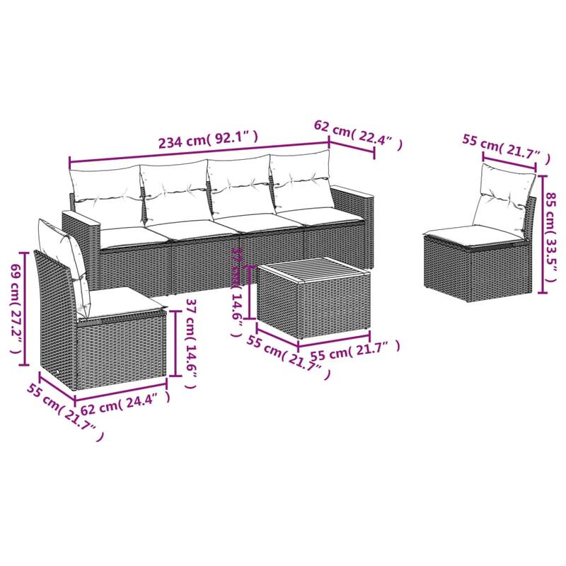 vidaXL Patio Sofa Set with Cushions Outdoor Conversation Furniture Poly Rattan - 21.7x 24.4x 27.2