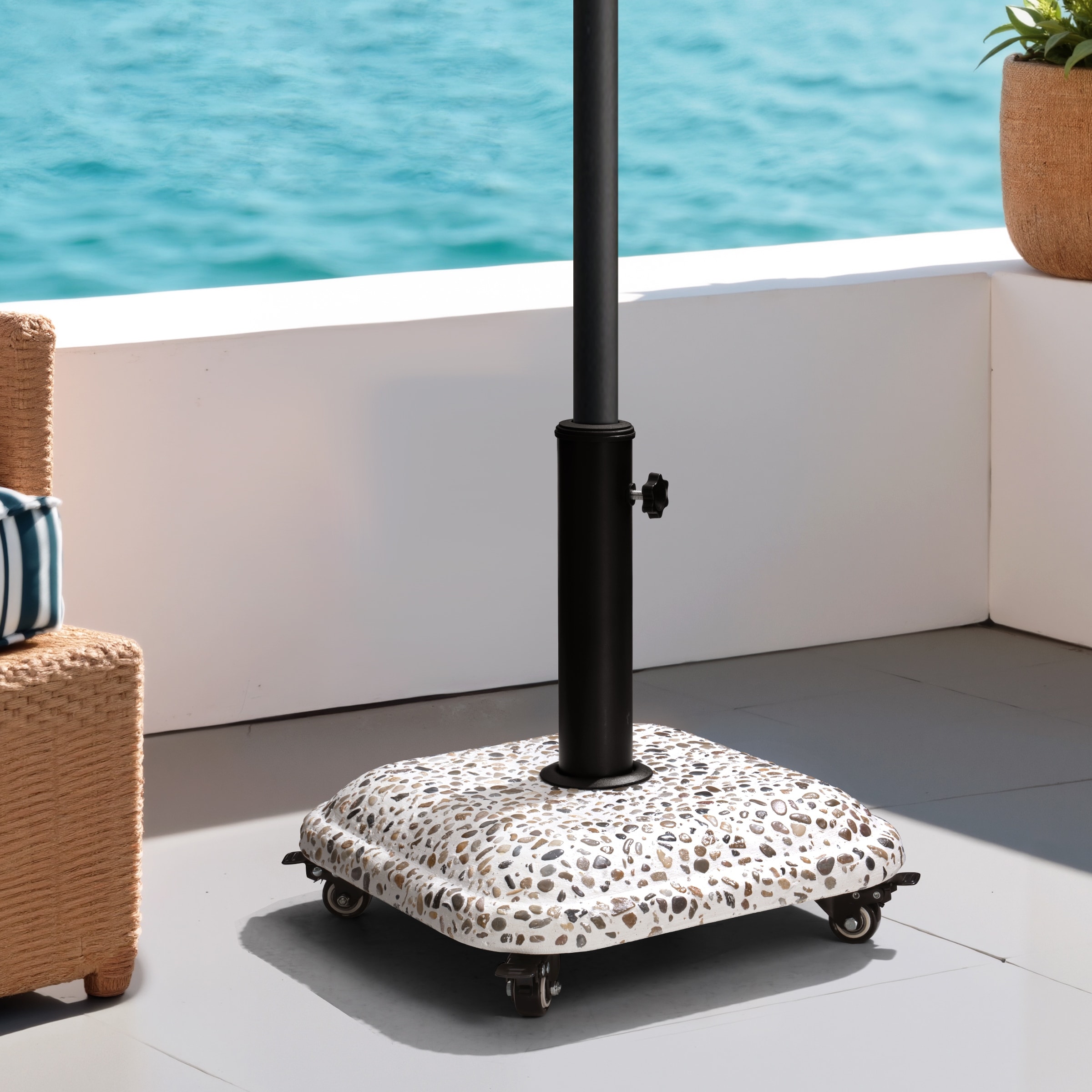 are patio umbrella bases universal Heavy Duty Base Holder Built To Last For Outdoor Use Fillable Up To 66lbs With Stand Or 55lbs With Water Pole Fit 1.4 1.5 Or Heavy Duty Cement Filled Patio Umbrella Base in Black by Sunjoy Black Umbrella Base For Patio,