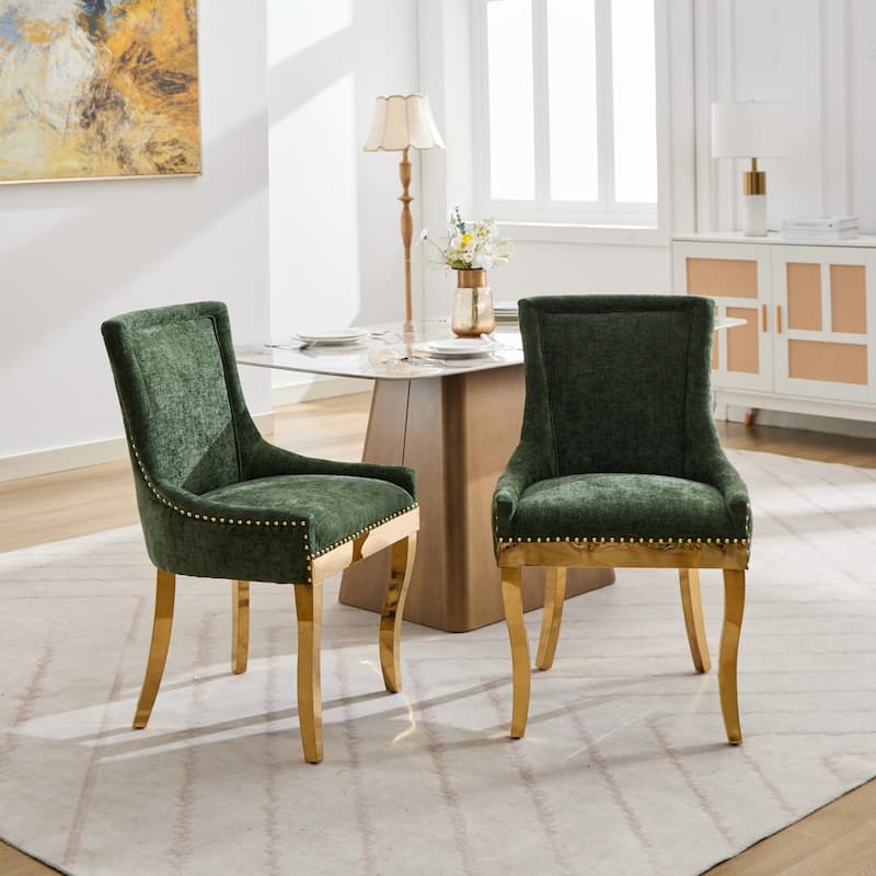 Chenille Dining Chairs, Modern Upholstered Accent Chair with Curved Gold-Plated Legs & Rivet Trim, Plush Fabric, Set of 2