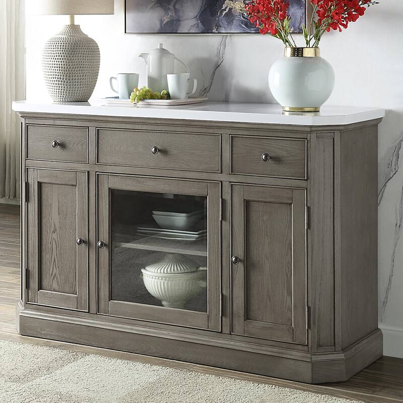 Server with 3 Drawers and 3 Doors in White and Weathered Oak