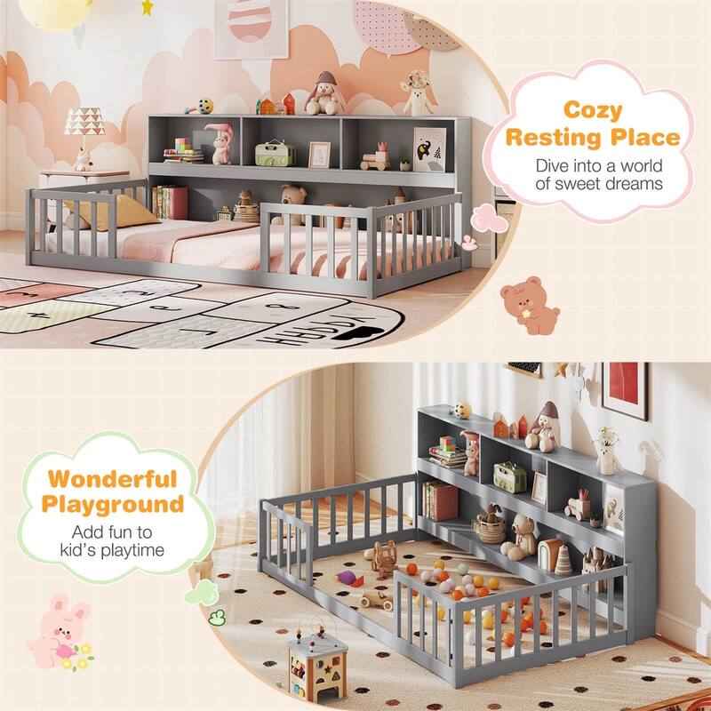Pine Wood Twin Montessori Floor Bed with Bookshelf and Safety Rails