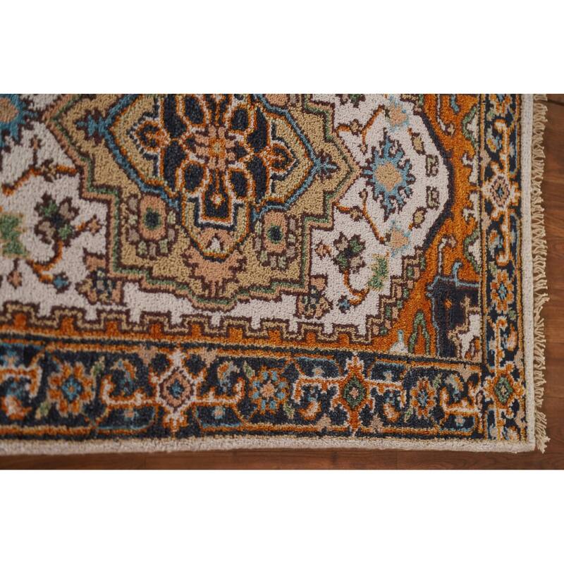 Geometric Beige Heriz Serapi Runner Rug Hand-Knotted Wool Carpet - 2'5"x 8'1"