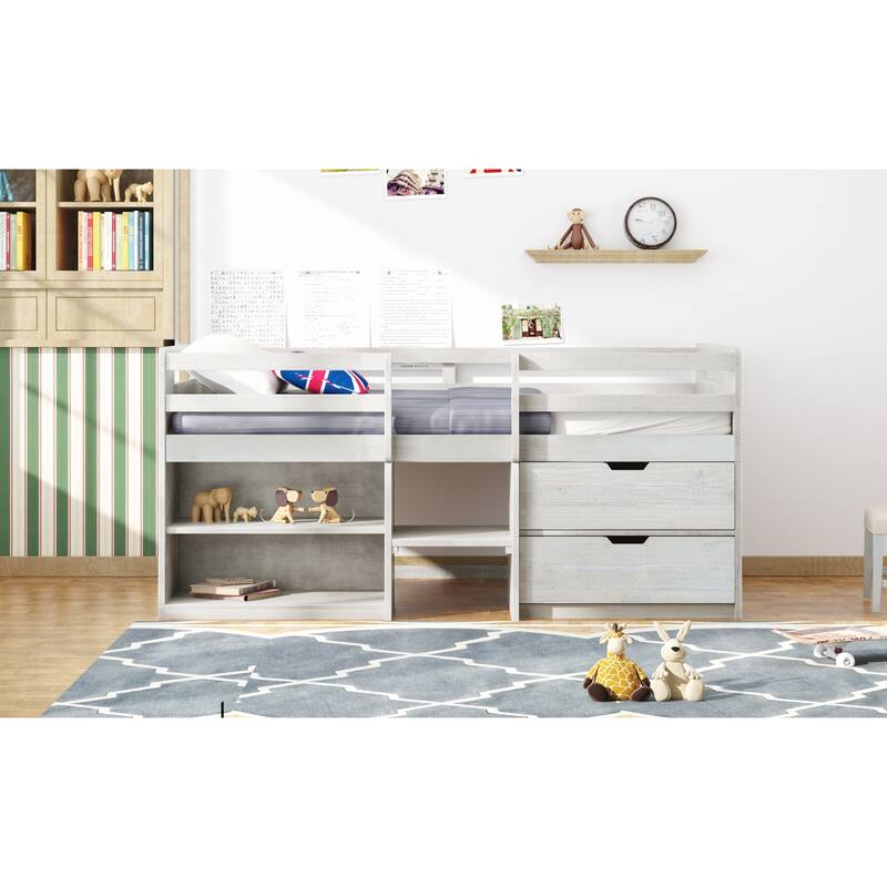 Twin Solid Pine Loft Bed with Shelves, Drawers, and Guardrail