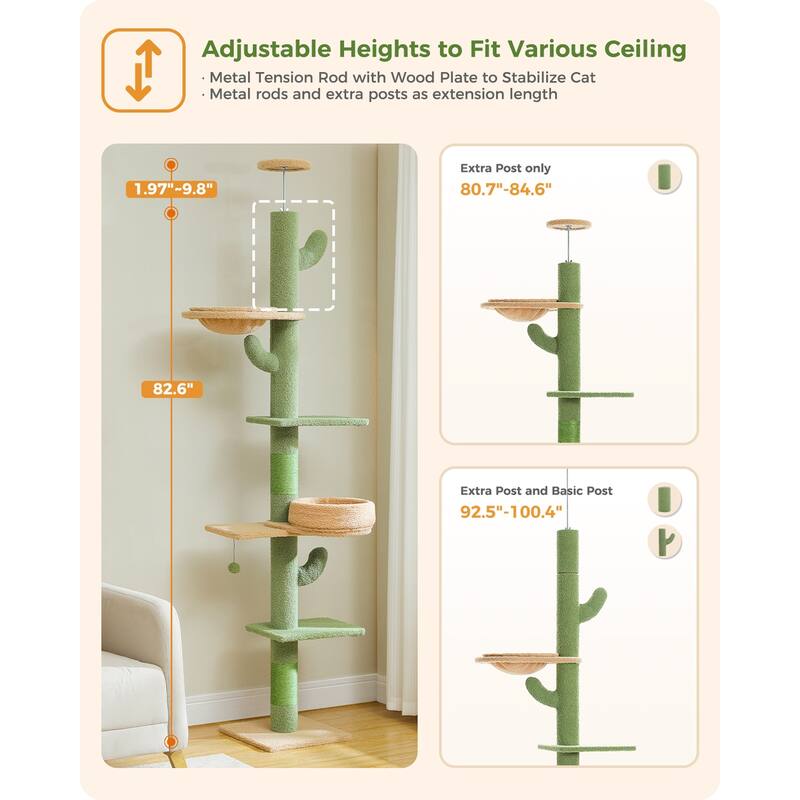 Floor to Ceiling Adjustable Height Cat Tree, 5 Levels Cactus Cat Tower with Cat Perch & Replaceable Hammock