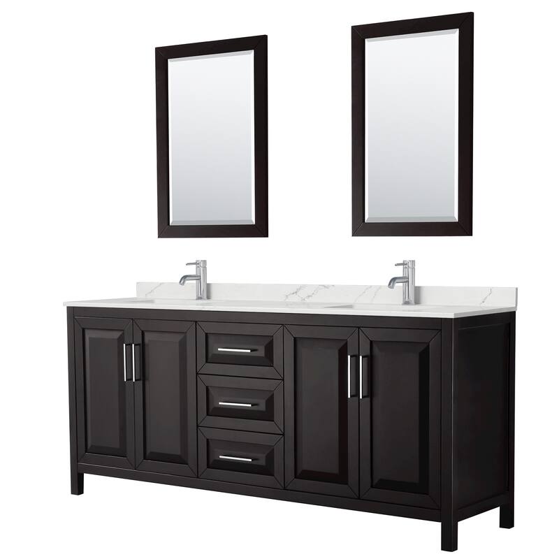 Daria 80-inch Double Vanity, Single Hole Quartz Top, 24-inch Mirrors - Dark Espresso, Chrome Trim, Giotto Quartz Top