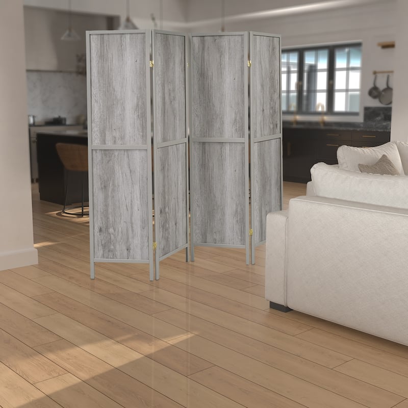 70 Inch Modern 4 Panel Folding Screen Room Divider, Rustic Gray Wood Finish