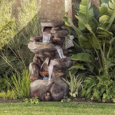 Alpine Corporation 40" Tall Outdoor Tiered Rock Water Fountain with LED Lights