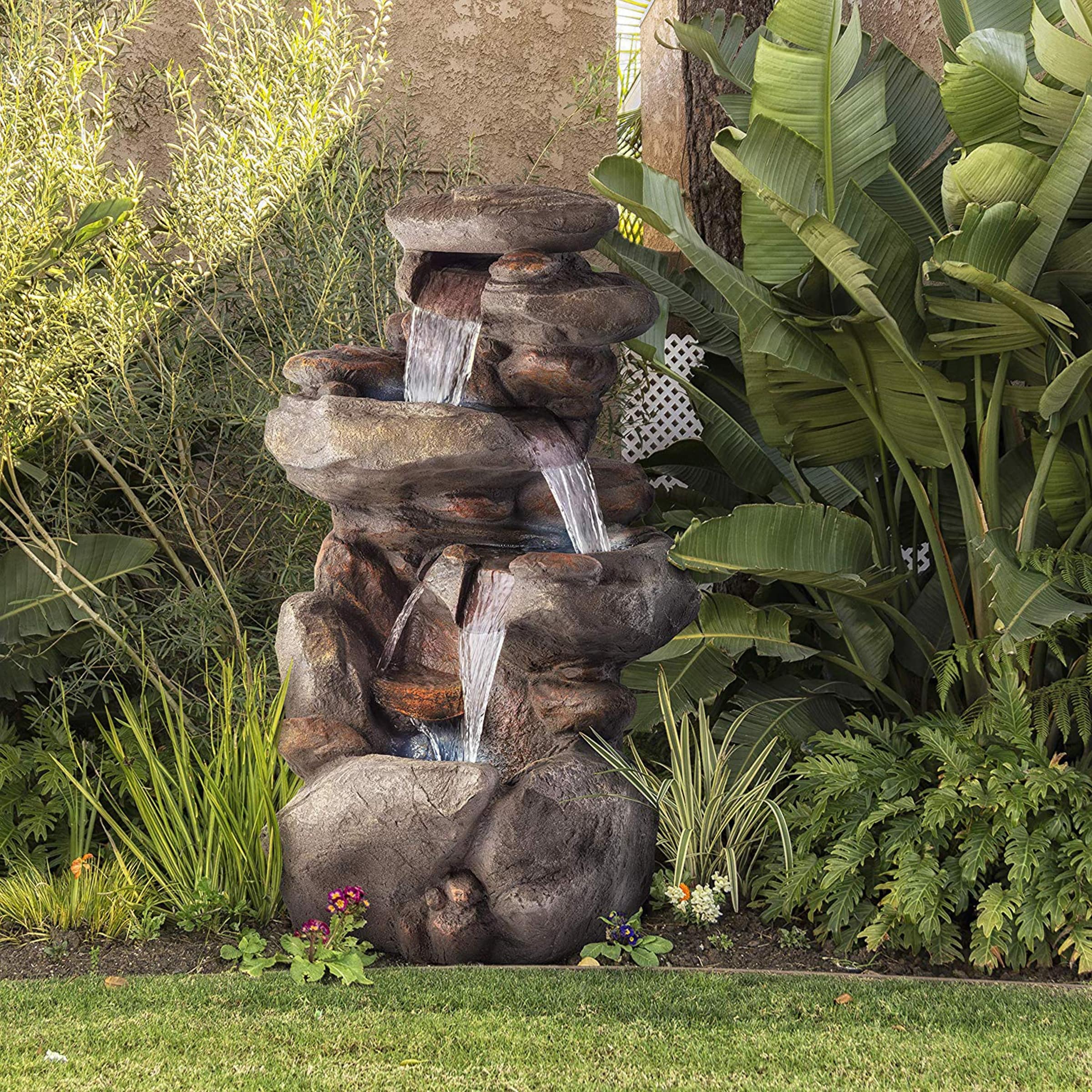 Alpine Corporation 40" Light Gray Outdoor 4 Tier Rock Water Fountain with LED Lights