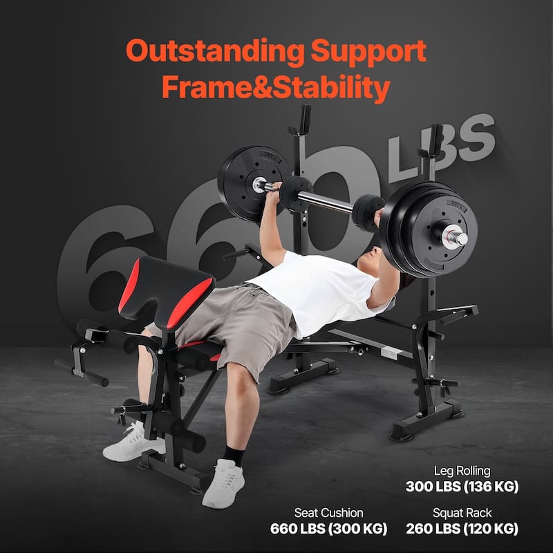 Black Red Steel Workout Bench with Rack, Foldable and Adjustable - 68.1” L x 53.9” W x 51.2” H