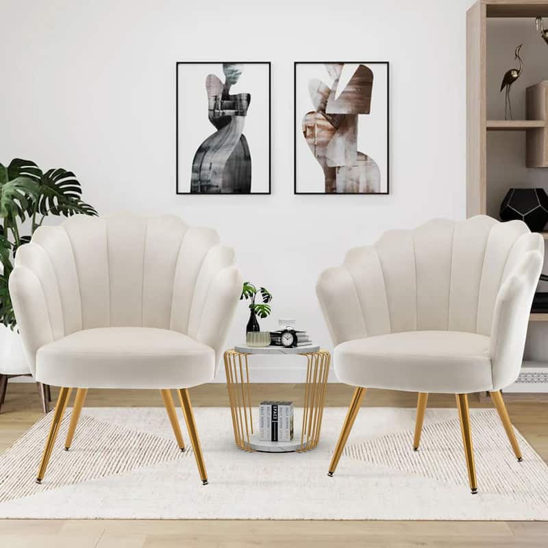 Andeworld accent chair for living room,Velvet Gold Cute Vanity Chair with Back for Makeup Room, Upholstered Shell Shaped Office