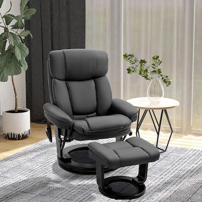 Black PU Leather 360° Swivel Manual Recliner Set with Ottoman, Full Body Vibration Massage, Side Pocket