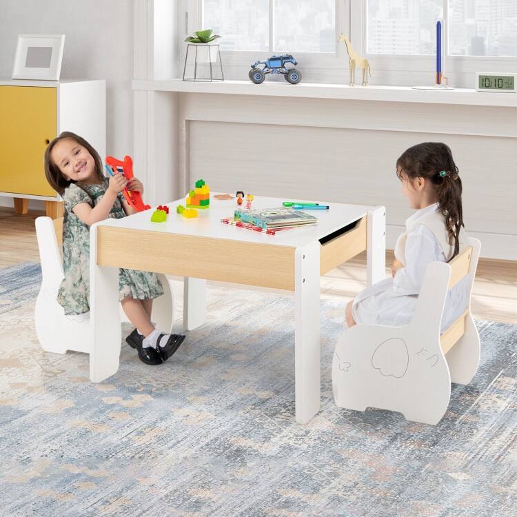 4-in-1 Wooden Activity Kids Table and Chairs with Storage and Detachable Blackboard - 25" x 24" x 19"