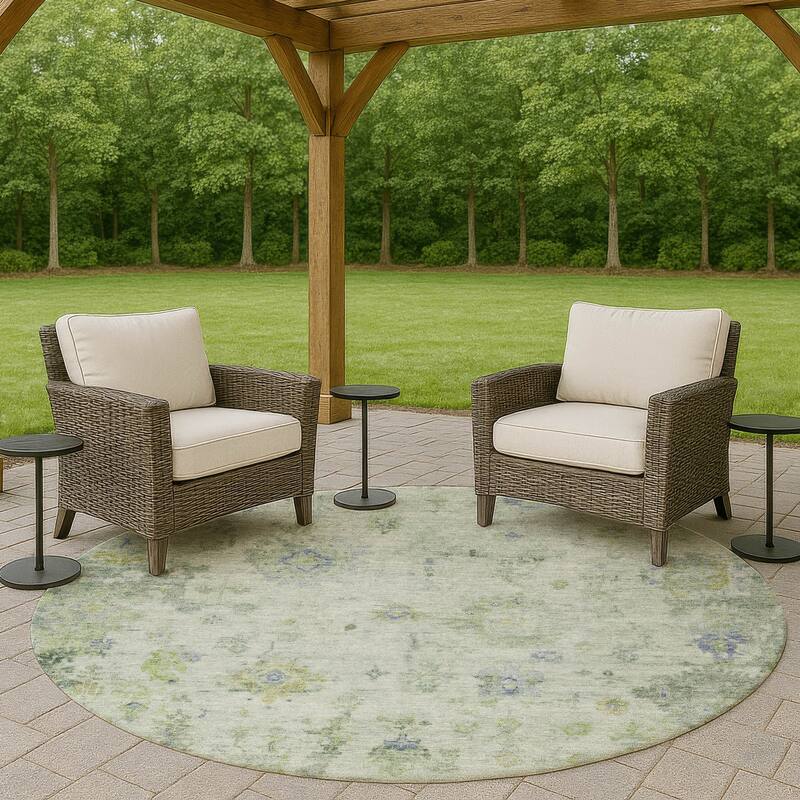 Machine Washable Indoor/ Outdoor Vintage Traditional Chantille Rug - Aloe - 8' x 8'