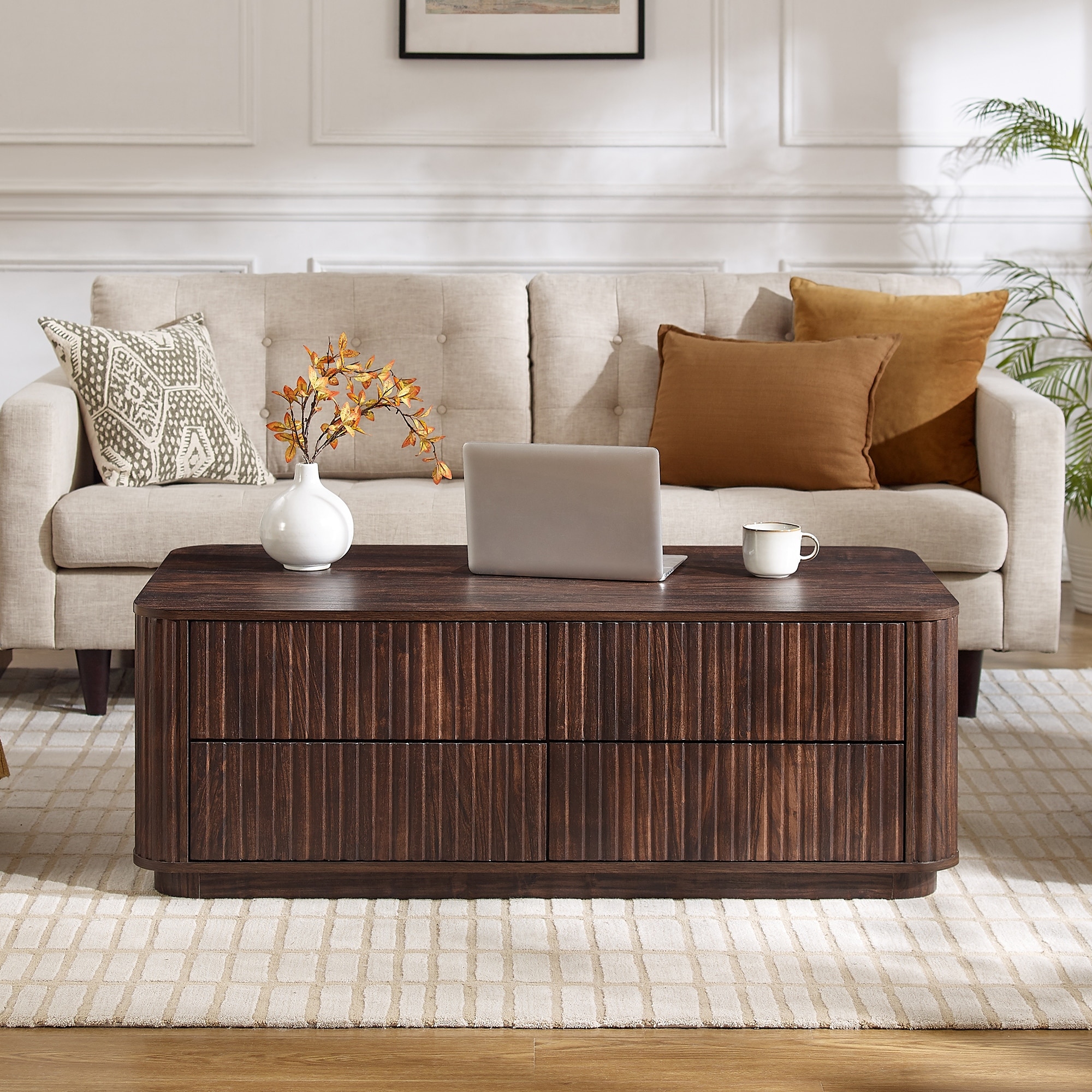 Fluted Coffee Table w/ 4 Drawers, Modern Center Table for Living Room
